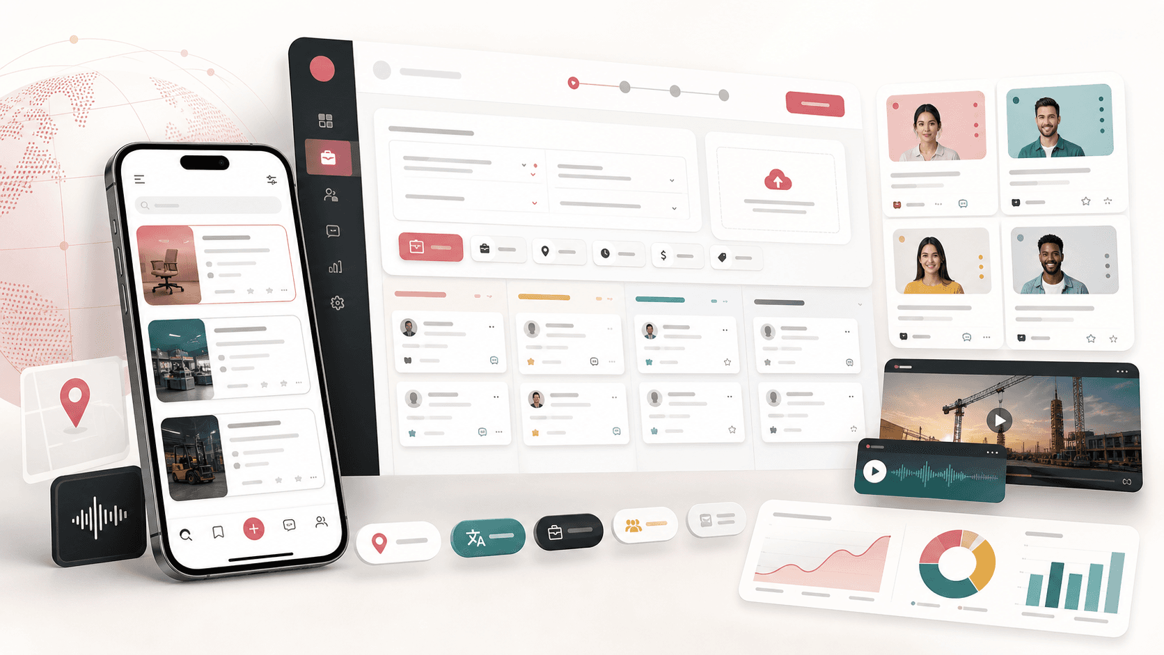 Hiring marketplace visual with mobile job discovery, employer posting tools, candidate profiles, application pipeline, media job brief cards, and analytics widgets