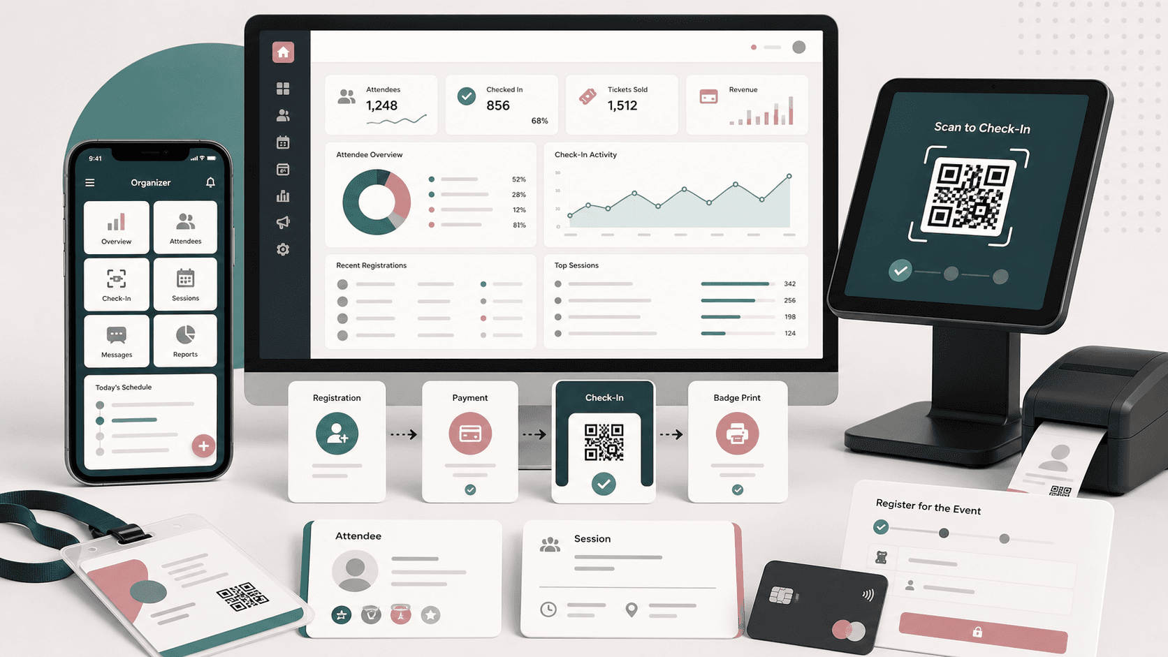 Event registration platform visual with admin dashboard, mobile organizer app, QR check-in, kiosk, badge, attendee, session, and payment workflow cards